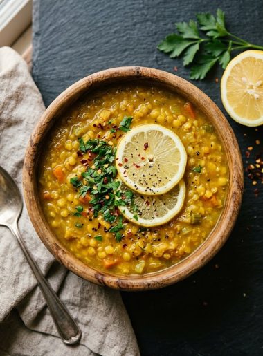 Overhead view of golden lemon anti-inflammatory soup in a wooden bowl garnished with lemon slices and fresh parsley