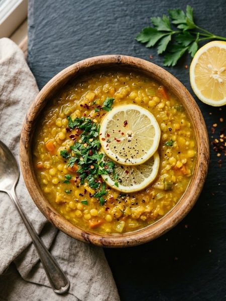 Overhead view of golden lemon anti-inflammatory soup in a wooden bowl garnished with lemon slices and fresh parsley