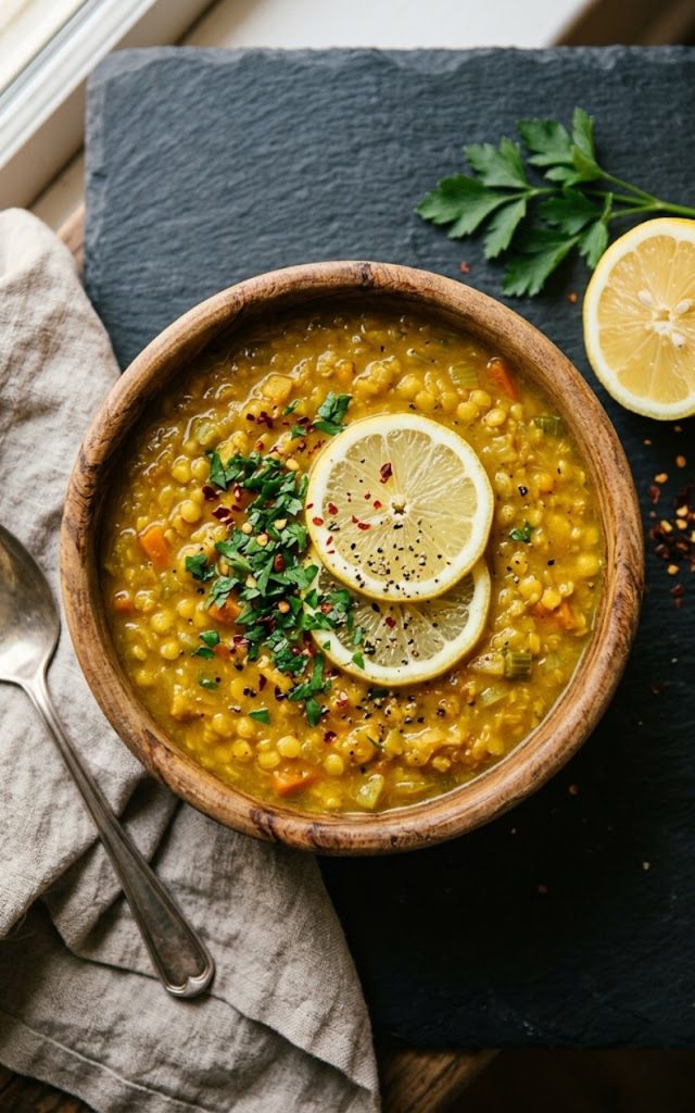 Overhead view of golden lemon anti-inflammatory soup in a wooden bowl garnished with lemon slices and fresh parsley