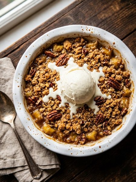 Overhead close-up of golden banana crumble topped with a melting scoop of vanilla ice cream in a white ceramic baking dish