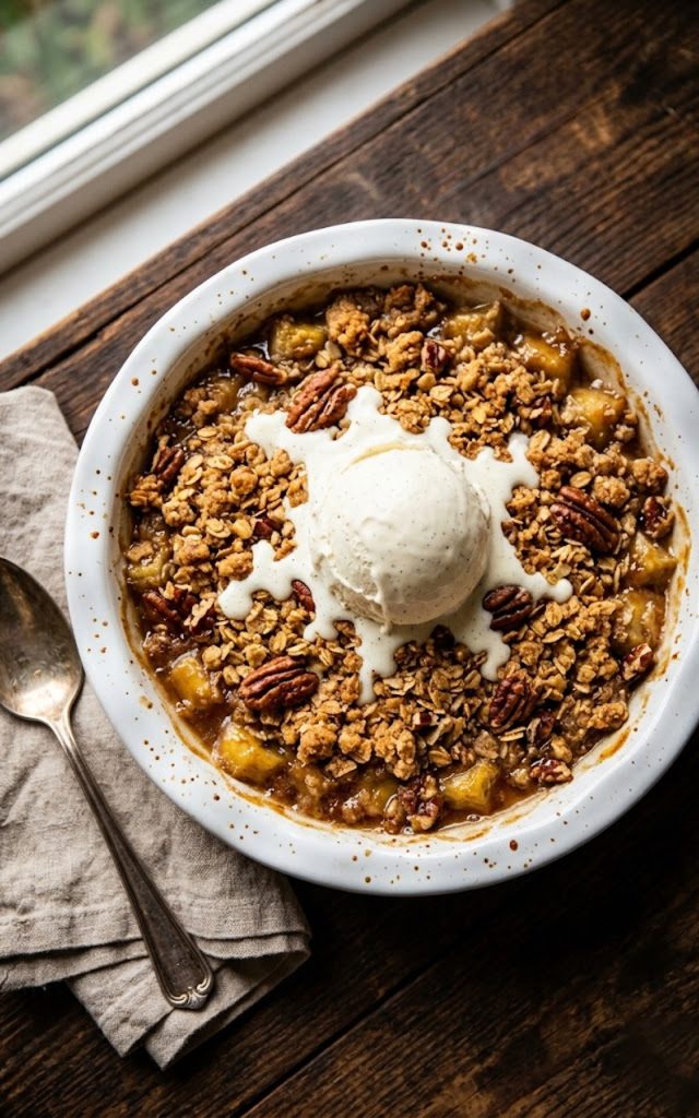 Overhead close-up of golden banana crumble topped with a melting scoop of vanilla ice cream in a white ceramic baking dish