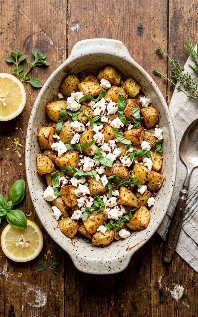 Crispy golden roasted potato chunks topped with crumbled white feta cheese and fresh basil leaves in a rustic baking dish