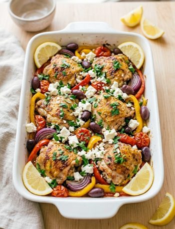 A vibrant Greek chicken casserole in a white baking dish with tender chicken Kalamata olives colorful bell peppers cherry tomatoes and crumbled feta cheese