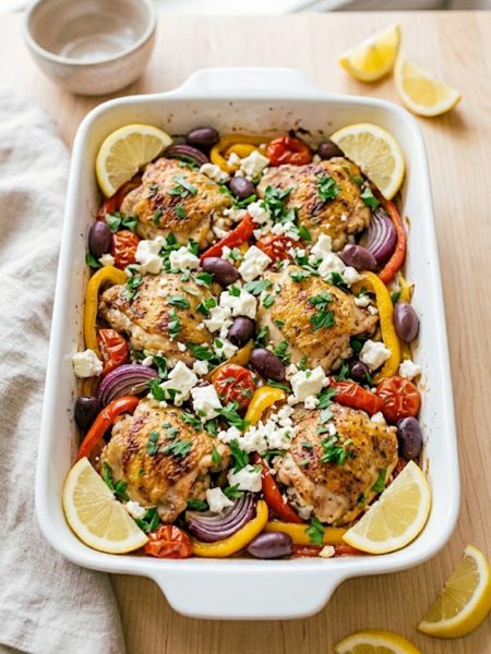 A vibrant Greek chicken casserole in a white baking dish with tender chicken Kalamata olives colorful bell peppers cherry tomatoes and crumbled feta cheese