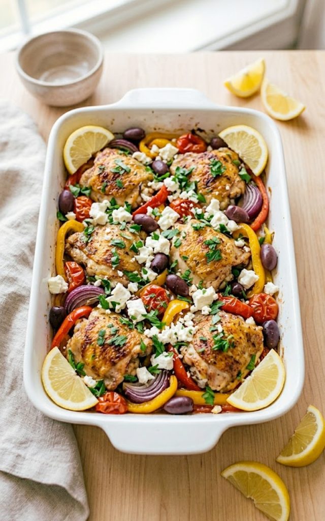 A vibrant Greek chicken casserole in a white baking dish with tender chicken Kalamata olives colorful bell peppers cherry tomatoes and crumbled feta cheese
