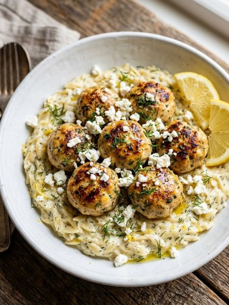 Golden seared Greek chicken meatballs nestled over creamy lemon orzo with crumbled feta and fresh dill in a white ceramic bowl on a rustic wooden surface