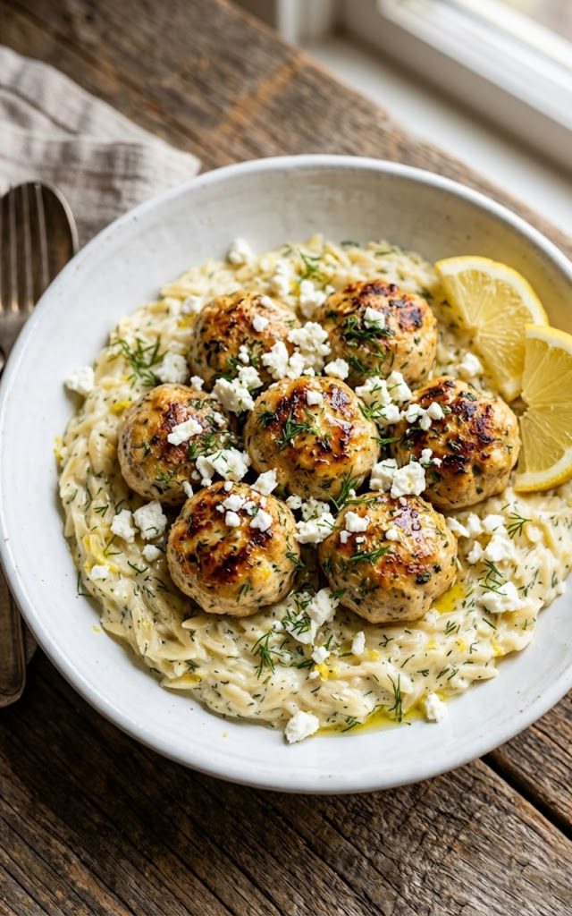 Golden seared Greek chicken meatballs nestled over creamy lemon orzo with crumbled feta and fresh dill in a white ceramic bowl on a rustic wooden surface