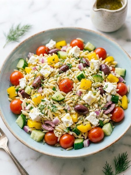 Overhead shot of Greek orzo pasta salad in a light blue bowl with cherry tomatoes, cucumber, feta, kalamata olives, and fresh herbs