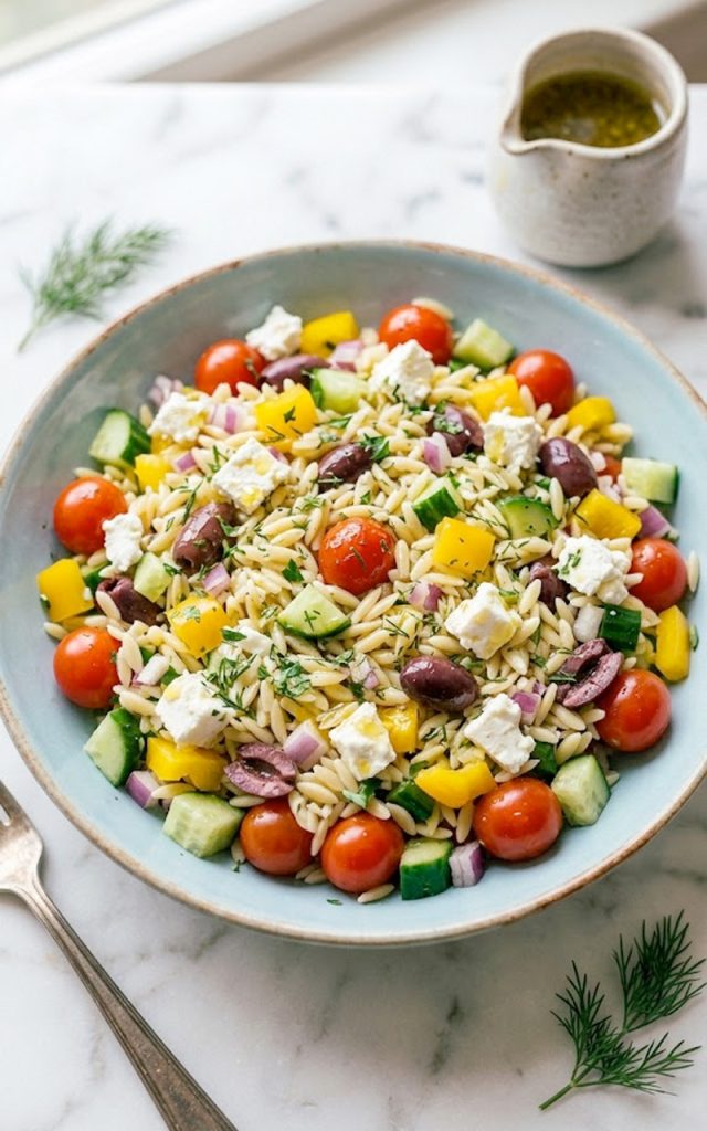 Overhead shot of Greek orzo pasta salad in a light blue bowl with cherry tomatoes, cucumber, feta, kalamata olives, and fresh herbs