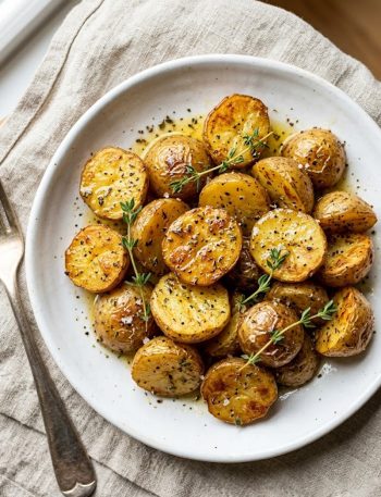 Golden crispy Greek-style lemon potatoes with garlic and oregano garnished with fresh thyme on a white ceramic plate on a rustic surface