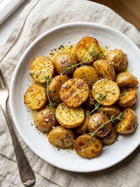 Golden crispy Greek-style lemon potatoes with garlic and oregano garnished with fresh thyme on a white ceramic plate on a rustic surface