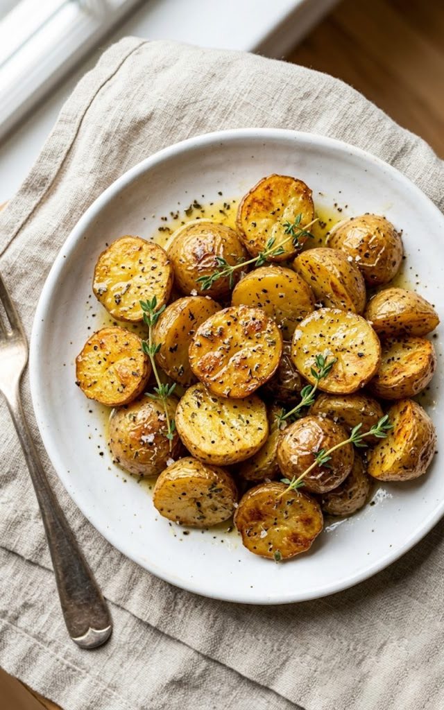 Golden crispy Greek-style lemon potatoes with garlic and oregano garnished with fresh thyme on a white ceramic plate on a rustic surface