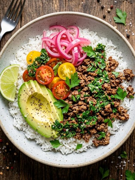 Overhead view of a ground beef chimichurri bowl with fluffy white rice, seasoned ground beef, sliced avocado, cherry tomatoes, pickled red onions, and a drizzle of bright green chimichurri sauce, garnished with fresh parsley and a lime wedge