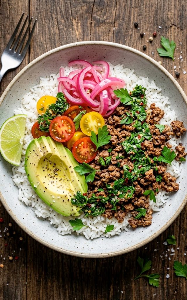 Overhead view of a ground beef chimichurri bowl with fluffy white rice, seasoned ground beef, sliced avocado, cherry tomatoes, pickled red onions, and a drizzle of bright green chimichurri sauce, garnished with fresh parsley and a lime wedge