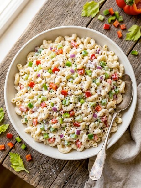 A large white bowl of creamy macaroni salad with red and green bell peppers, celery, and red onion, shot from above on a rustic wooden table