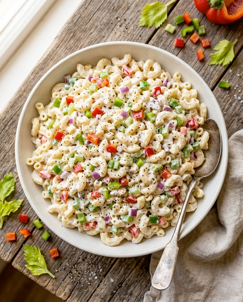 A large white bowl of creamy macaroni salad with red and green bell peppers, celery, and red onion, shot from above on a rustic wooden table