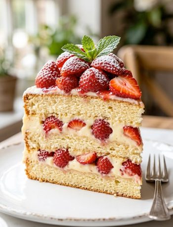A close-up side view of a slice of happy custard strawberry cake showing layers of soft golden vanilla sponge, rich creamy custard filling, and fresh strawberries piled on top and tucked between the layers, served on a white plate