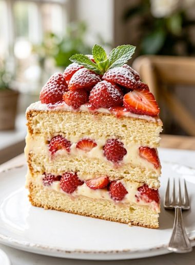 A close-up side view of a slice of happy custard strawberry cake showing layers of soft golden vanilla sponge, rich creamy custard filling, and fresh strawberries piled on top and tucked between the layers, served on a white plate