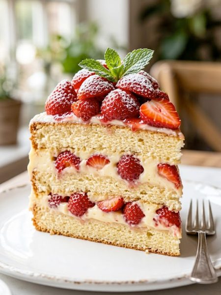 A close-up side view of a slice of happy custard strawberry cake showing layers of soft golden vanilla sponge, rich creamy custard filling, and fresh strawberries piled on top and tucked between the layers, served on a white plate