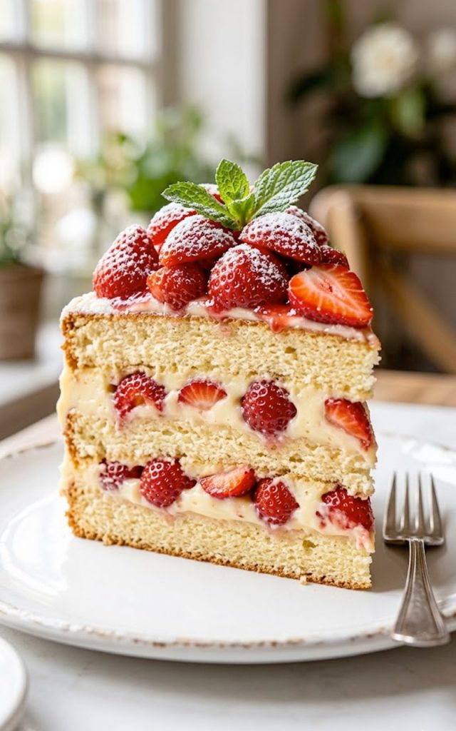A close-up side view of a slice of happy custard strawberry cake showing layers of soft golden vanilla sponge, rich creamy custard filling, and fresh strawberries piled on top and tucked between the layers, served on a white plate