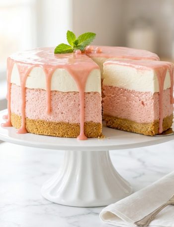 A whole Hawaiian guava cake on a white cake stand showing a glossy pink guava glaze dripping down the sides over a thick cream cheese frosting layer, with a slice cut away to reveal the pale pink chiffon cake and graham cracker base beneath