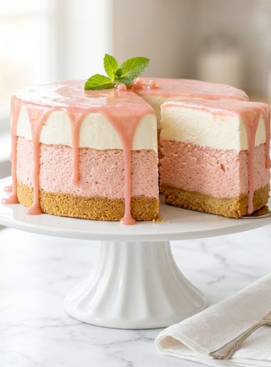 A whole Hawaiian guava cake on a white cake stand showing a glossy pink guava glaze dripping down the sides over a thick cream cheese frosting layer, with a slice cut away to reveal the pale pink chiffon cake and graham cracker base beneath