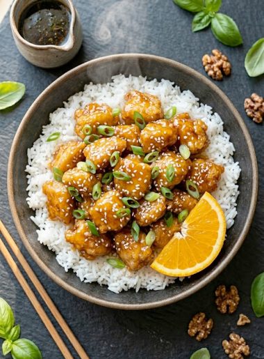 A white bowl of healthy orange chicken with glossy sticky orange sauce, sesame seeds, sliced green onions, and an orange slice, served over steamed white rice