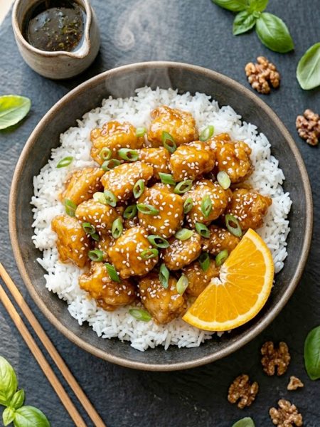 A white bowl of healthy orange chicken with glossy sticky orange sauce, sesame seeds, sliced green onions, and an orange slice, served over steamed white rice