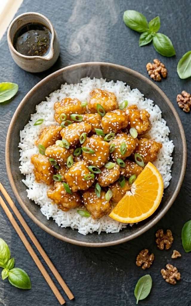 A white bowl of healthy orange chicken with glossy sticky orange sauce, sesame seeds, sliced green onions, and an orange slice, served over steamed white rice