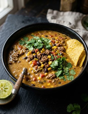 A close-up overhead view of high protein taco soup in a black bowl loaded with ground beef, black beans, corn, and diced tomatoes in a creamy spiced broth topped with fresh cilantro and tortilla chips