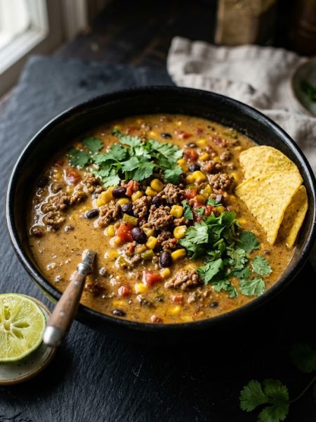 A close-up overhead view of high protein taco soup in a black bowl loaded with ground beef, black beans, corn, and diced tomatoes in a creamy spiced broth topped with fresh cilantro and tortilla chips