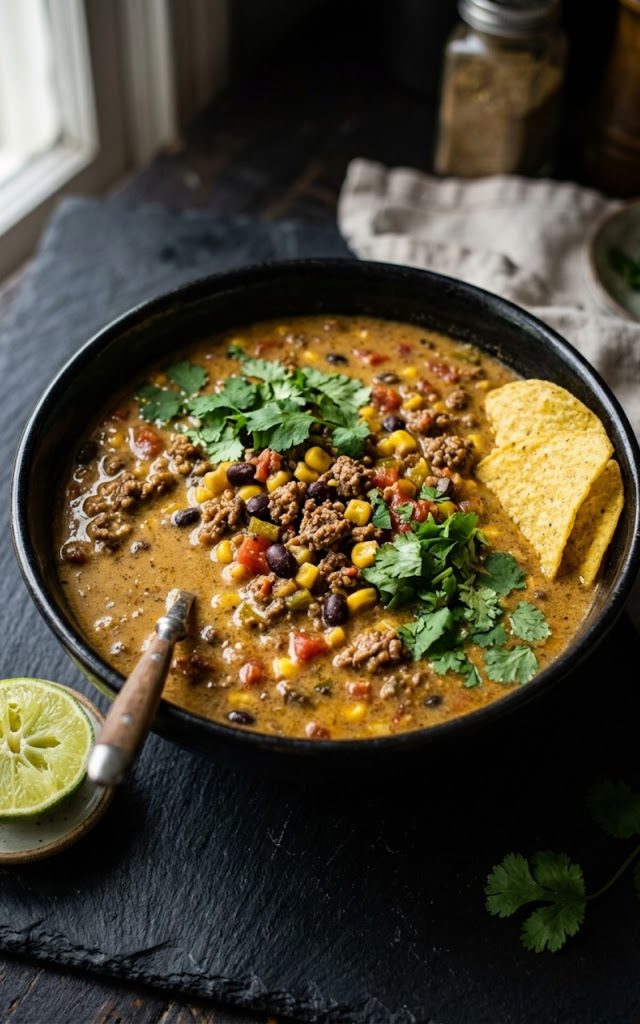 A close-up overhead view of high protein taco soup in a black bowl loaded with ground beef, black beans, corn, and diced tomatoes in a creamy spiced broth topped with fresh cilantro and tortilla chips