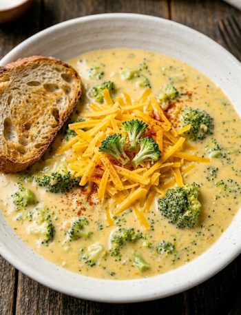 A bowl of thick creamy high protein broccoli cheddar soup topped with freshly shredded sharp cheddar cheese a sprinkle of smoked paprika and small broccoli florets served in a white ceramic bowl on a rustic wooden surface