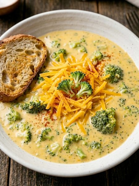 A bowl of thick creamy high protein broccoli cheddar soup topped with freshly shredded sharp cheddar cheese a sprinkle of smoked paprika and small broccoli florets served in a white ceramic bowl on a rustic wooden surface