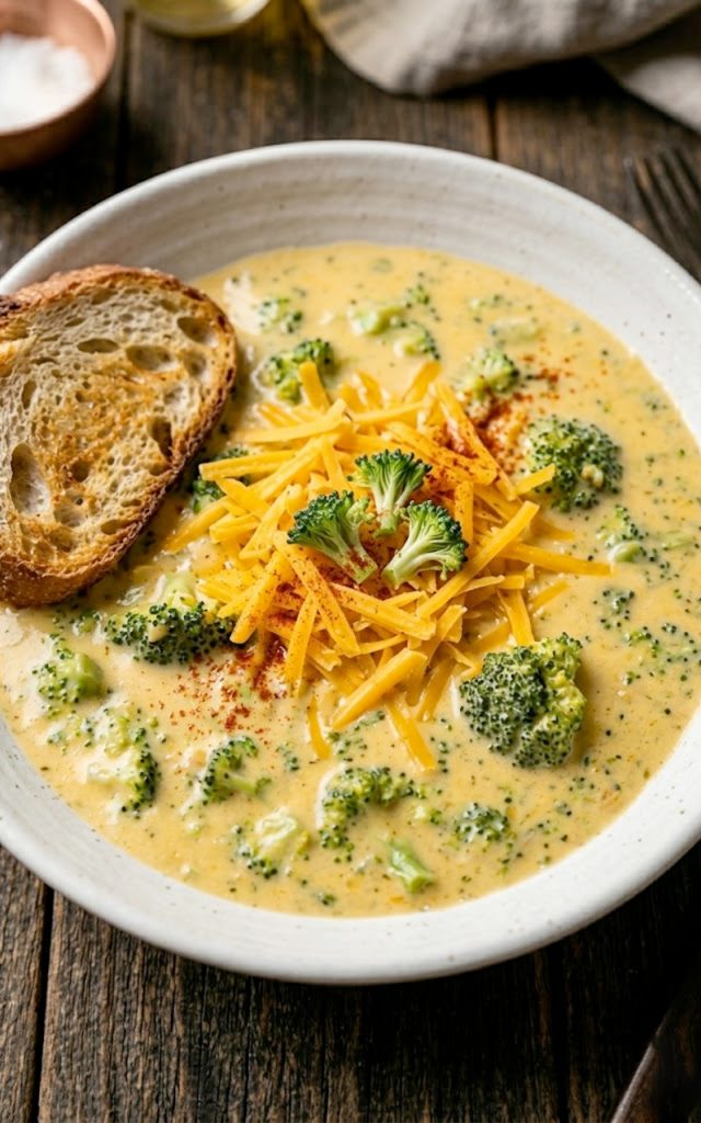 A bowl of thick creamy high protein broccoli cheddar soup topped with freshly shredded sharp cheddar cheese a sprinkle of smoked paprika and small broccoli florets served in a white ceramic bowl on a rustic wooden surface