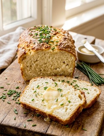 Sliced high protein cottage cheese bread loaf with chives on a wooden cutting board