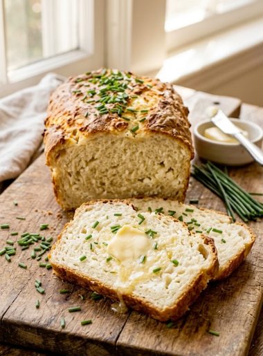 Sliced high protein cottage cheese bread loaf with chives on a wooden cutting board