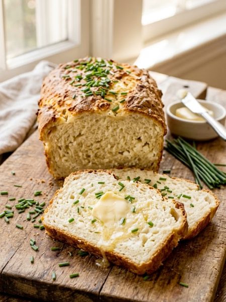 Sliced high protein cottage cheese bread loaf with chives on a wooden cutting board