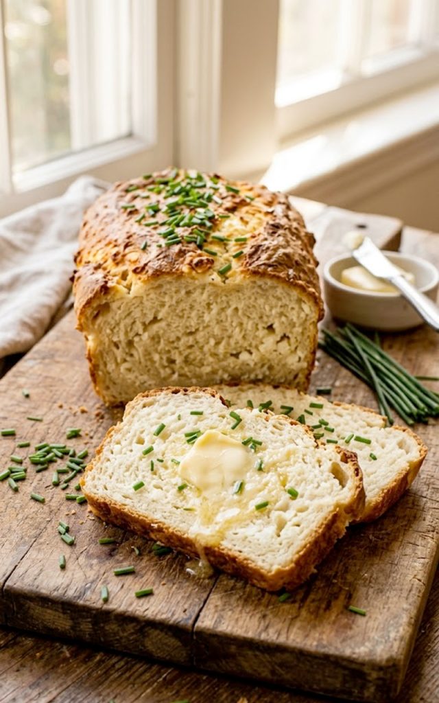 Sliced high protein cottage cheese bread loaf with chives on a wooden cutting board