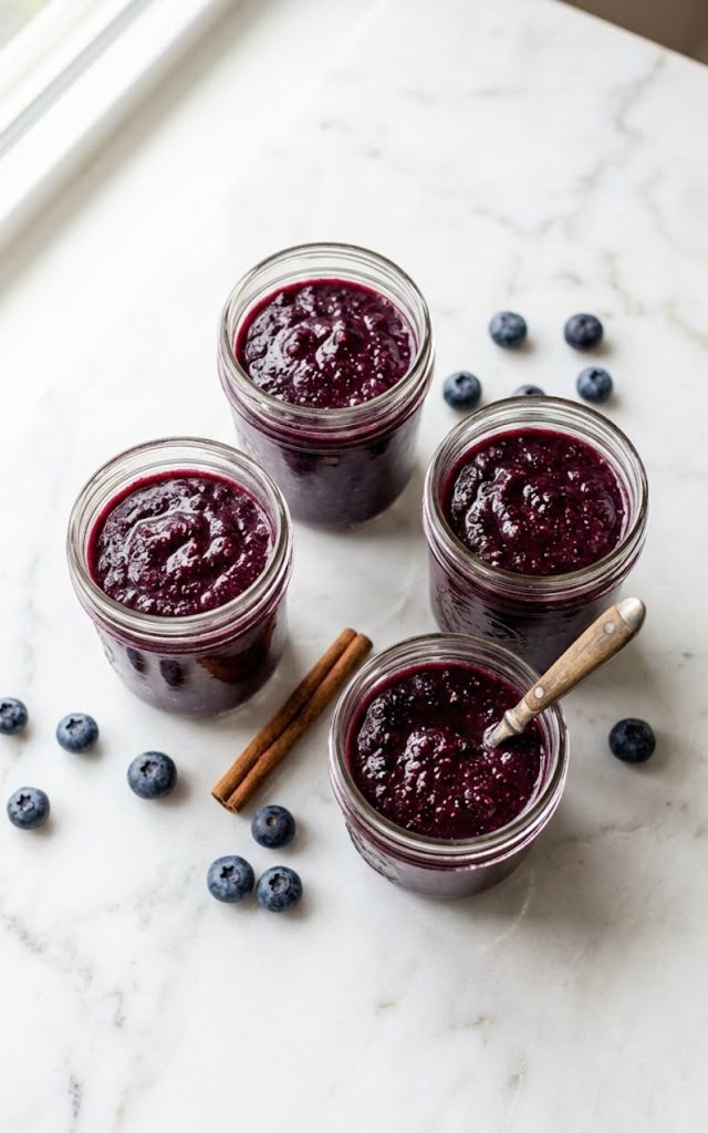 Four glass jars filled with vibrant homemade blueberry applesauce on a white marble surface