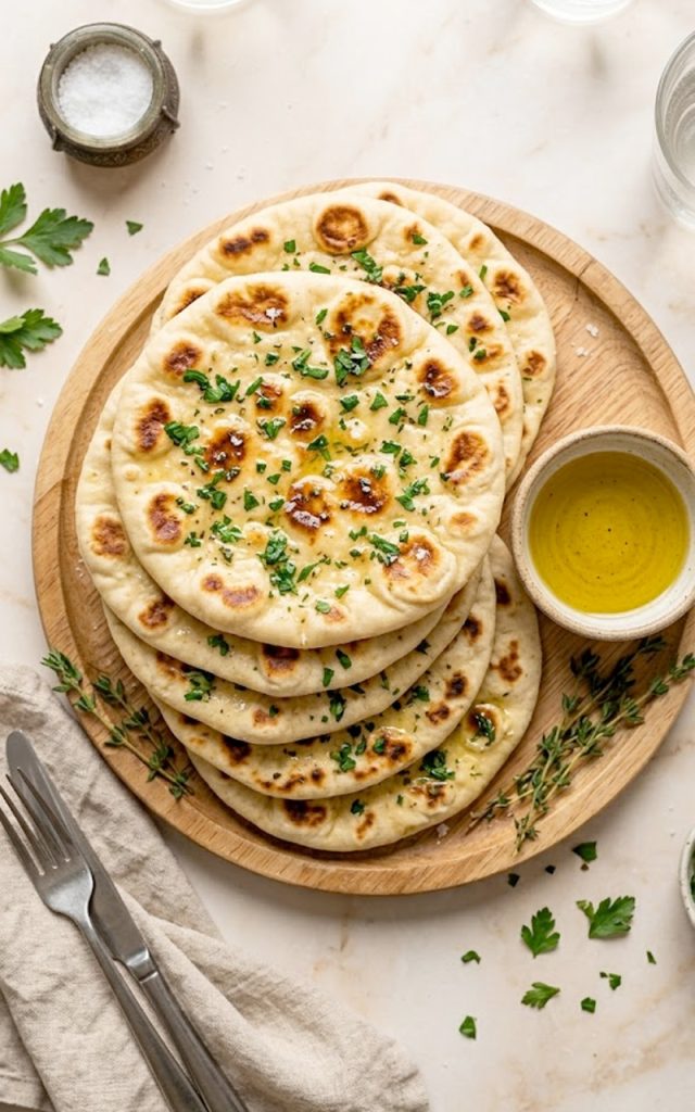 A stack of warm soft homemade Greek pita breads with beautiful golden char spots brushed with herb butter and sprinkled with fresh parsley and flaky sea salt on a wooden board