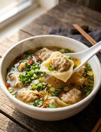 A white bowl filled with homemade wonton soup showing silky tender wontons floating in a rich golden savory broth topped with sliced green onions and a drizzle of sesame oil