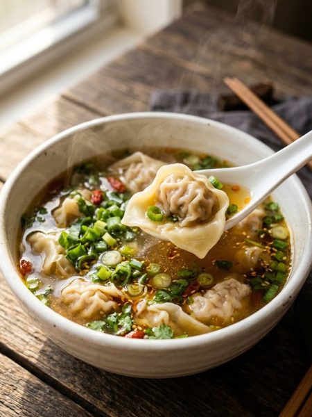 A white bowl filled with homemade wonton soup showing silky tender wontons floating in a rich golden savory broth topped with sliced green onions and a drizzle of sesame oil
