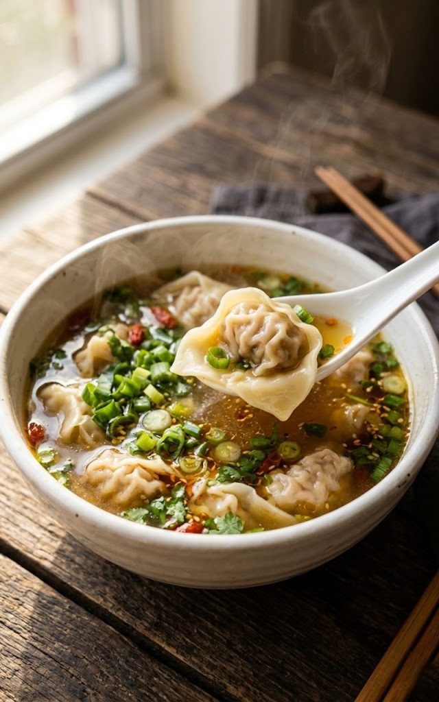 A white bowl filled with homemade wonton soup showing silky tender wontons floating in a rich golden savory broth topped with sliced green onions and a drizzle of sesame oil