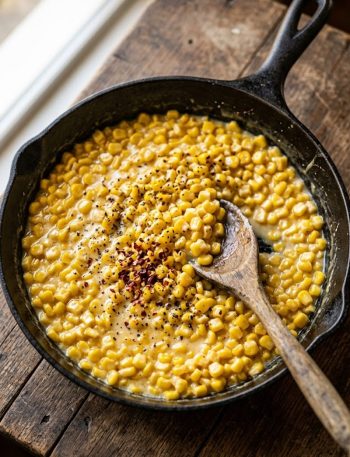 A cast iron skillet filled with creamy glossy honey butter skillet corn garnished with black pepper and red pepper flakes on a wooden surface