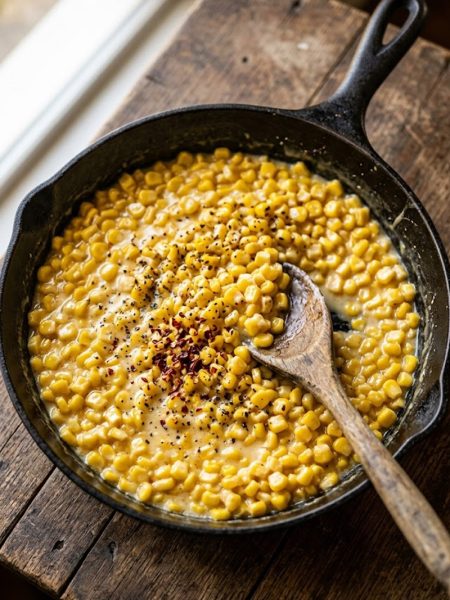 A cast iron skillet filled with creamy glossy honey butter skillet corn garnished with black pepper and red pepper flakes on a wooden surface