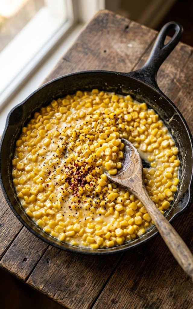 A cast iron skillet filled with creamy glossy honey butter skillet corn garnished with black pepper and red pepper flakes on a wooden surface
