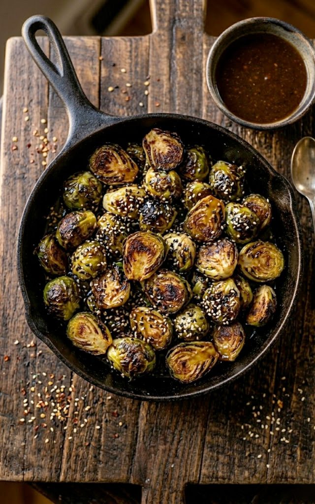 Crispy roasted Brussels sprouts coated in a sticky honey garlic glaze with sesame seeds in a black cast iron skillet on a dark rustic surface