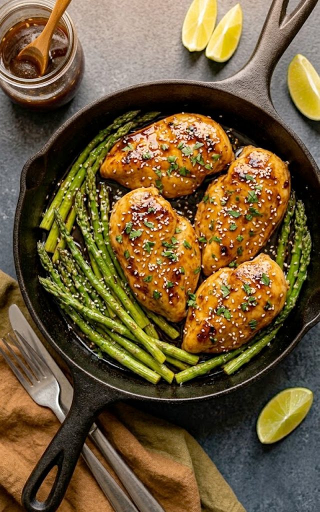 Honey garlic chicken breasts with asparagus in a cast iron skillet, topped with sesame seeds and fresh parsley