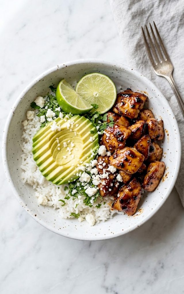 A white ceramic bowl filled with sticky honey lime glazed chicken, fluffy white rice, sliced avocado, crumbled cotija cheese, fresh cilantro, and lime wedges